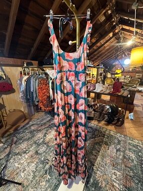 Teal Maxi Dress with Coral Floral Print
